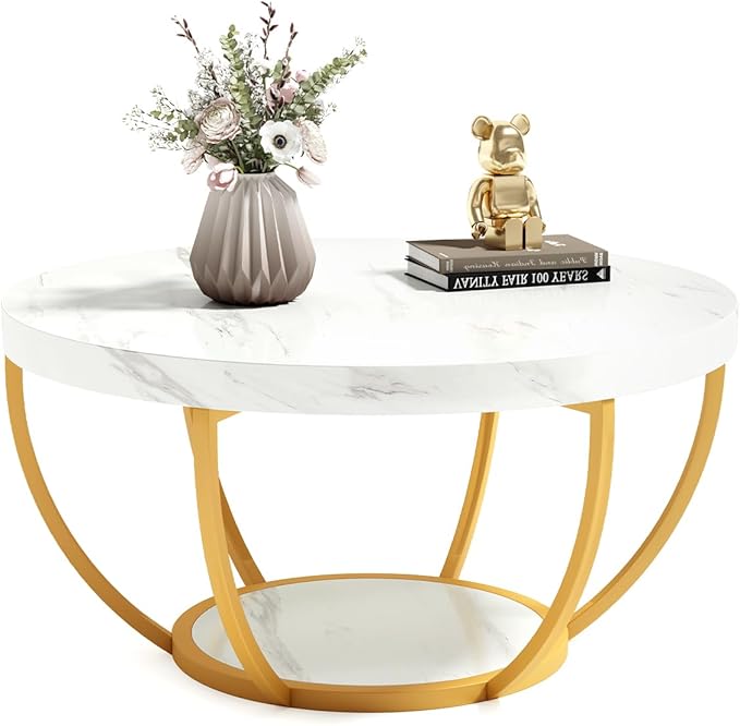 LITTLE TREE Round Coffee Table, 2-Tier Golden Metal Legs Accent Center Table by LITTLETREE