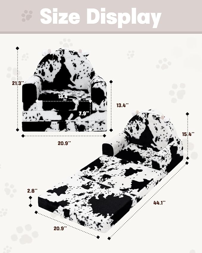 2-in-1 Toddler Chair and Couch – Soft Faux Rabbit Fur, Cow Pattern Design - Image 3