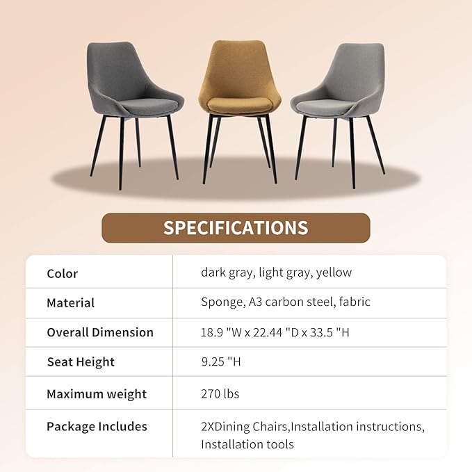 Dining Chairs Set of 2 Ergonomic Living Room Chairs Yellow Kitchen Chairs - Image 8