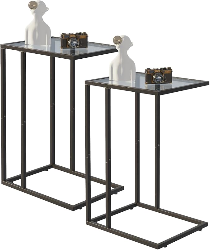 Easy Paws C Shaped End Table Set of 2, Tempered Glass Snack Side Table by Easy+Paws