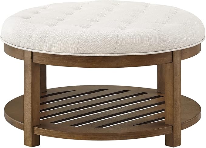 24KF Large Round Upholstered Tufted Linen Ottoman Coffee Table, Large Footrest - Image 4