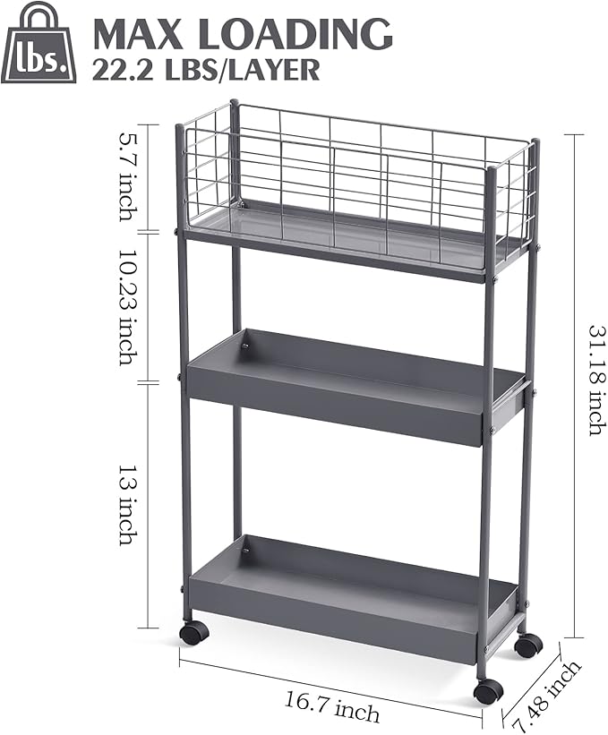 KINGRACK Slim Storage Rolling Cart, 3-Tier Metal Utility Cart - Image 2