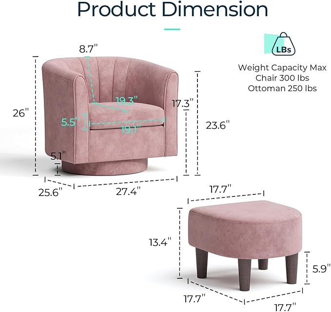 LINSY Swivel Accent Chair Ottoman Set: Velvet Small Barrel Chair - Image 2