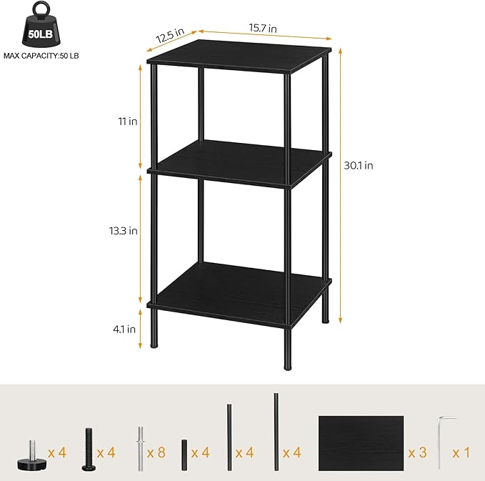 Tall Side Table with Storage 3 Tier Black End Table Metal Storage Shelves - Image 3