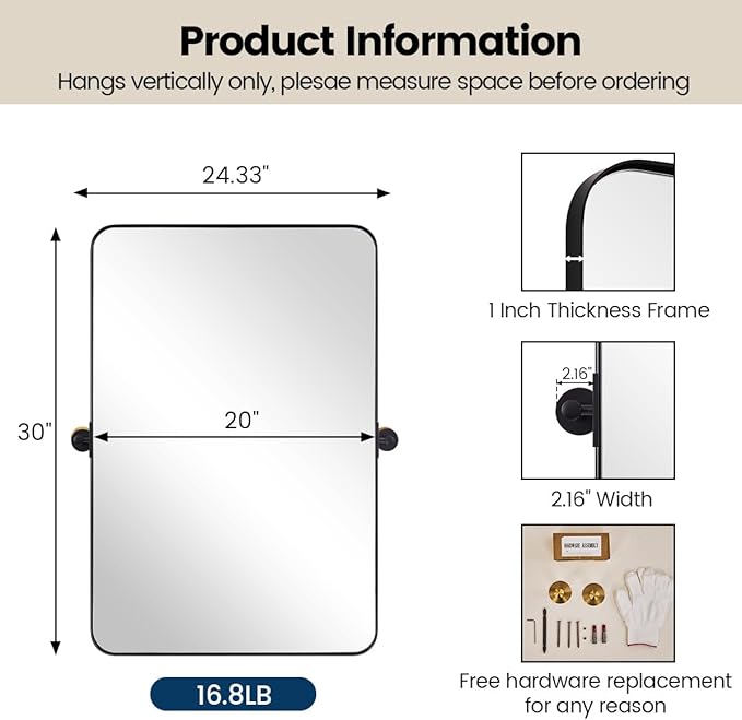 MOON MIRROR Matte Black Pivot Mirror Bathroom, Tilt Rounded Rectangular - Image 3