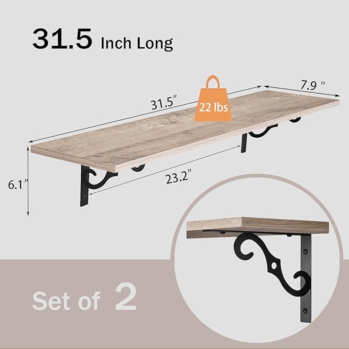 DINZI LVJ Long Wall Shelves, 31.5 Inch Large Floating Shelves Set of 2 - Image 3
