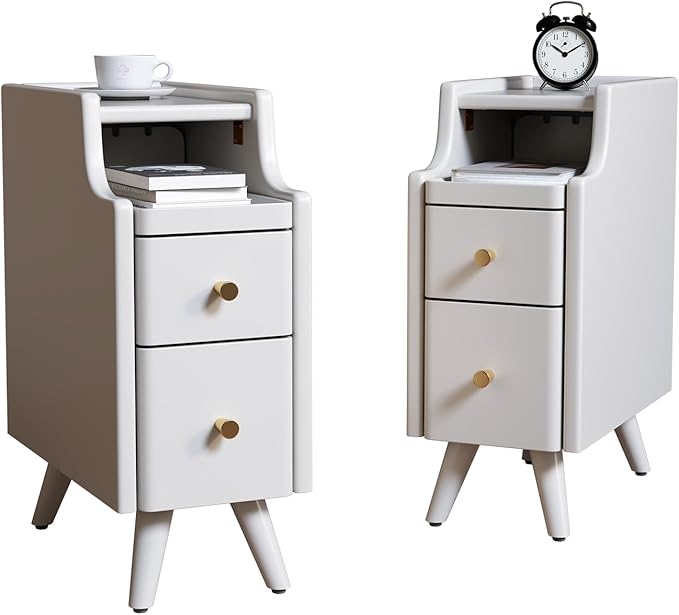 Narrow Nightstand with Drawers, Wood Bedside Table, Small White Nightstand Set - Image 9