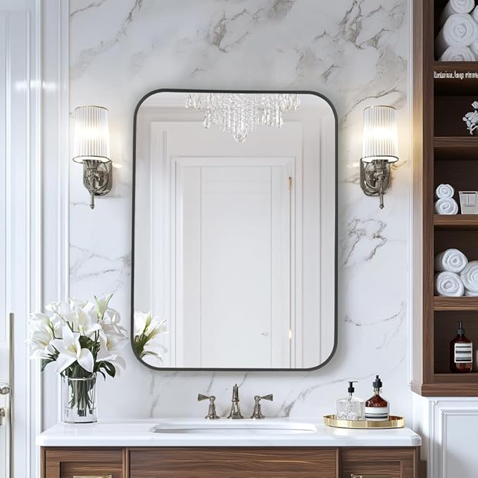 MZON 30x36 Inch Matte Black Wall Mirror, Large Rounded Rectangle Mirror - Image 2