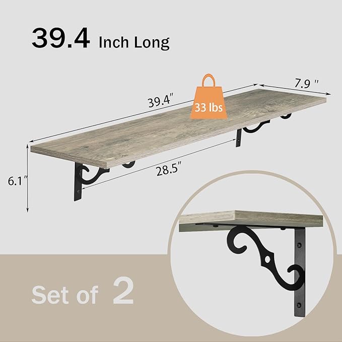 DINZI LVJ Long Wall Shelves, 39.4 Inch Large Floating Shelves Set of 2 - Image 3