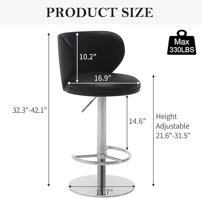 RAINMOOD Bar Stools, Adjustable Stainless Steel Swivel Barstools, Faux Leather - Image 2