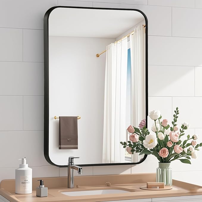 Black Bathroom Mirror, 48x30 Inch Matte Black Mirror, Aluminum Alloy Framed by CLBA