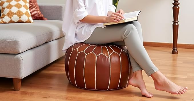 Stuffed Round Design Moroccan Leather Pouf Ottoman, Pre-Filled, 100% Genuine - Image 4