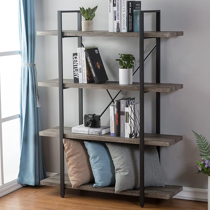 HSH 4-Shelf Vintage Industrial Bookshelf, Rustic Gray Wood and Metal 4 Tier by HOMESWEETHOME