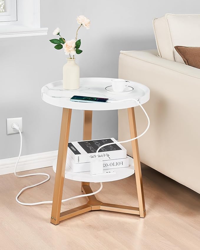 Round End Table with Charging Station, 19.7" Dia x 23.63" H, Side Table with - Image 5
