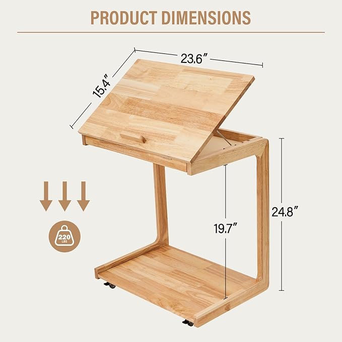 CozyDH Adjustable C Shaped End Table, Solid Wood Rolling Side Table, TV Sofa - Image 2