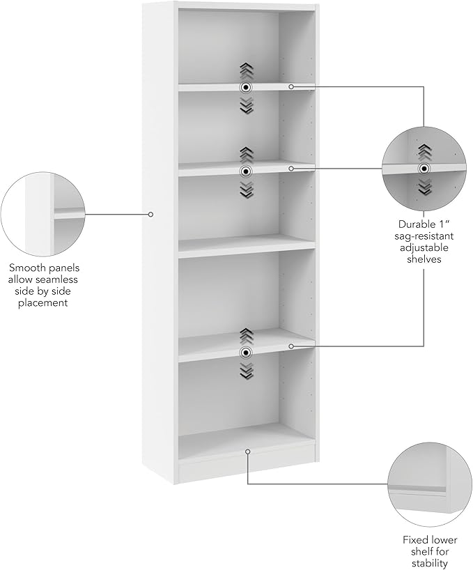 Bush Furniture Universal 25W Tall 5 Shelf Bookcase in White, Vertical Storage - Image 4