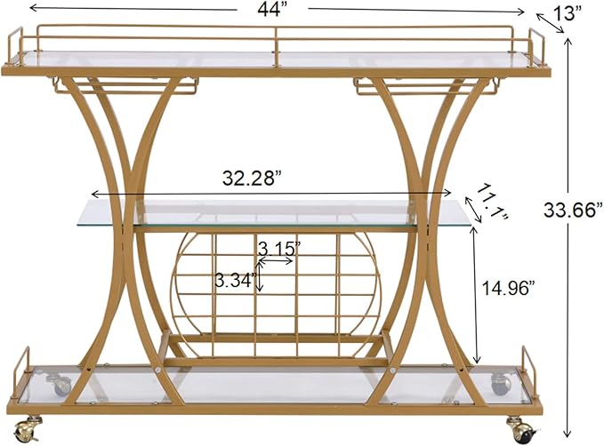 Gold Bar Carts with Glass Holders & Wine Rack, 3 Tier Home Bar Serving Carts - Image 3