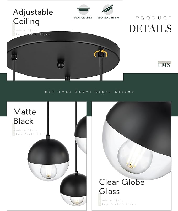 LMS Modern 3-Light Cluster Pendant Lights, Matte Black Kitchen Island Light - Image 4