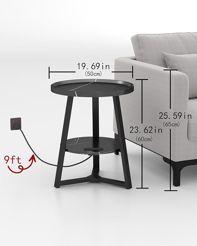 Round End Table with Charging Station, 19.7" Dia x 23.63" H, Side Table with - Image 3