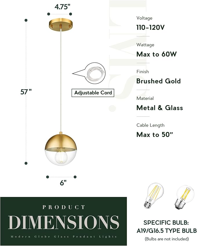 LMS 6-inch Modern Pendant Light, Brushed Gold Industrial Kitchen Island Pendant - Image 3