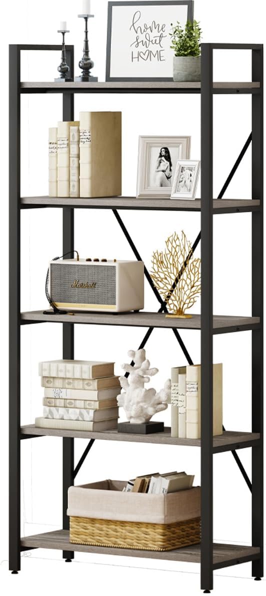 BON AUGURE Industrial Bookshelf, Etagere Bookcases and Book Shelves 5 Tier - Image 9