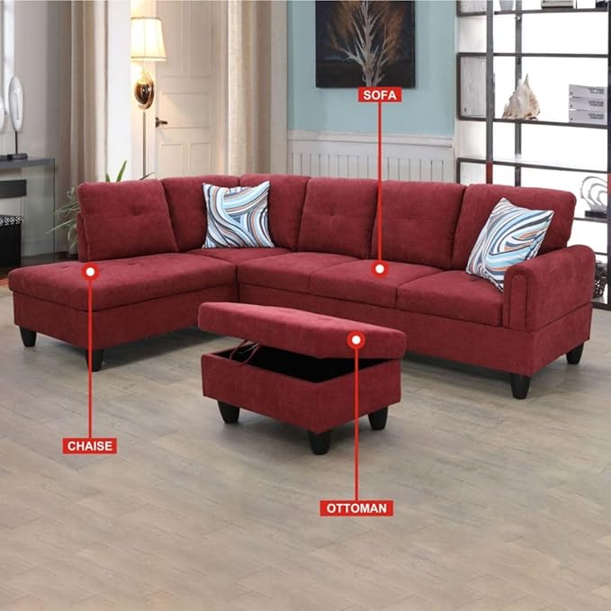 Red L-Shaped 3-Piece Flannel Sofa - Image 3