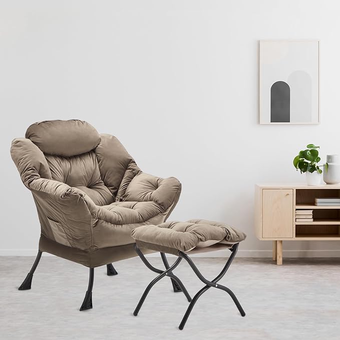 Lazy Chair with Folding Ottoman, Accent Chair Velvet Upholstered with Metal - Image 9