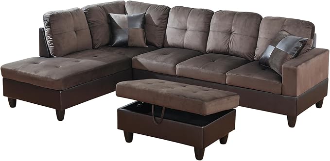 L Shaped Couch Upholstered Flannel Fabric 3 Pieces Sofas - Image 3