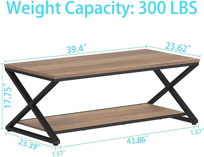 HSH Rustic Farmhouse Coffee Table, Modern Minimalist Wood and Metal Living Room - Image 2