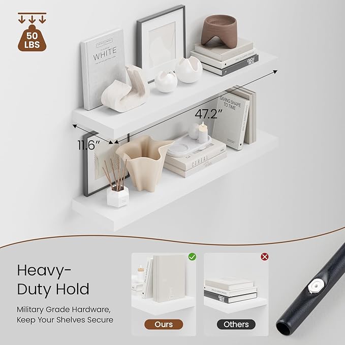 Heimlove 48W x 12D Long Floating Shelf, 12 Inch Deep White Floating Shelves - Image 4