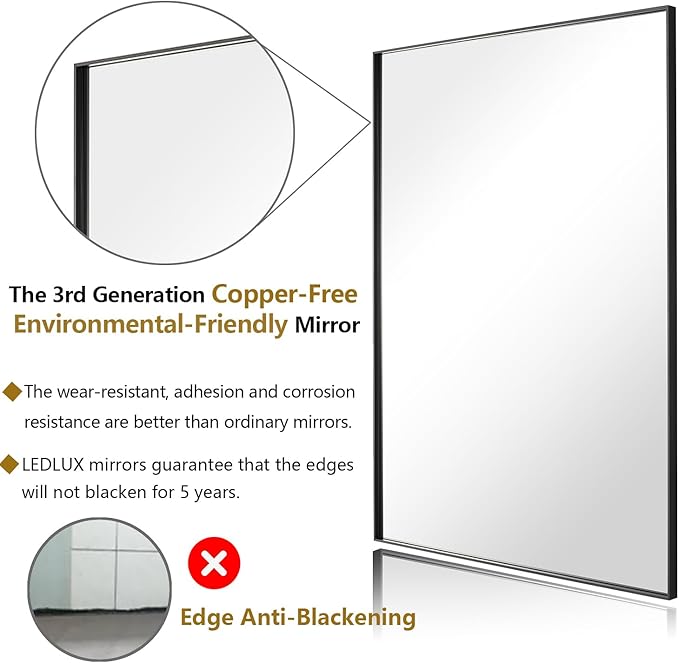 30x30 Inch Black Bathroom Mirror, Copper-Free Mirror, Aluminum Alloy Frame - Image 2