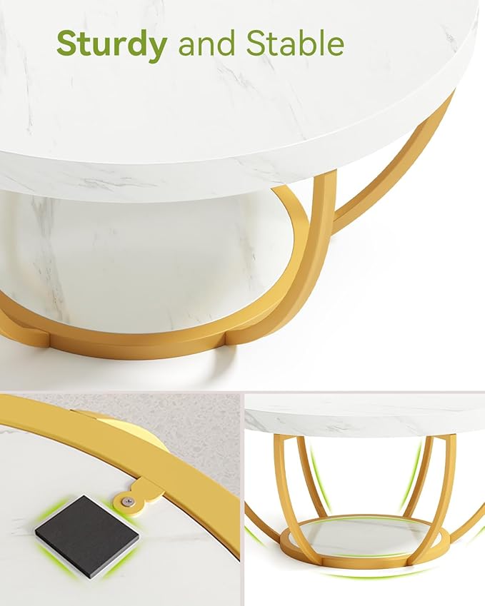 LITTLE TREE Round Coffee Table, 2-Tier Golden Metal Legs Accent Center Table - Image 7