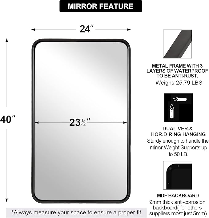 ANDY STAR Wall Mirror for Bathroom, 24x40 Inch Bathroom Vanity Mirror, Tube - Image 2