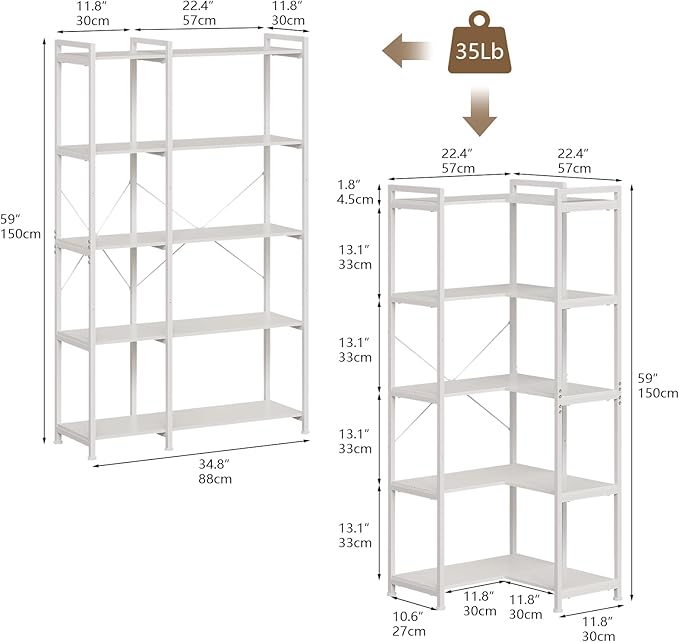 Tohomeor Bookshelf 5 Tier Deformable Corner Bookcase Free Standing Modern - Image 3