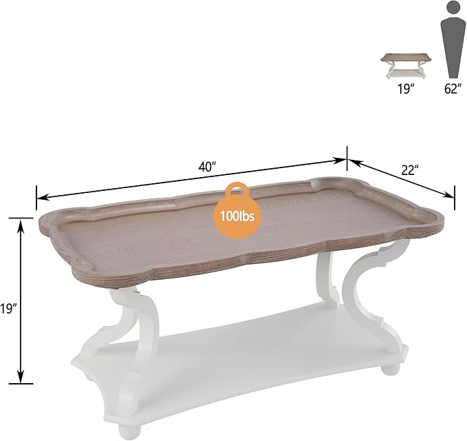 Function Home Farmhouse Coffee Table, Rustic White Cocktail Table - Image 2