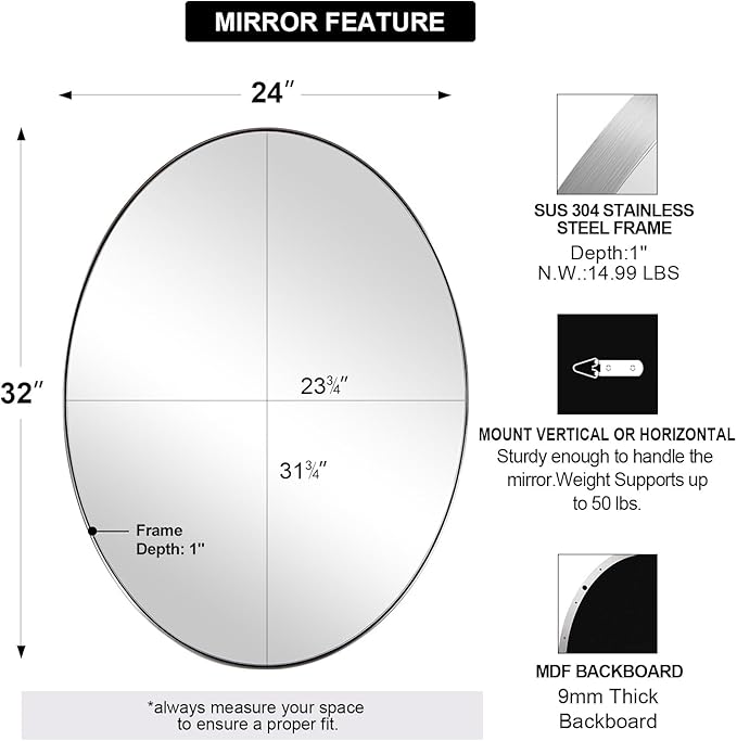 ANDY STAR Brushed Nickel Mirror Bathroom, 24x32 Inch Brushed Nickel Oval Mirror - Image 2