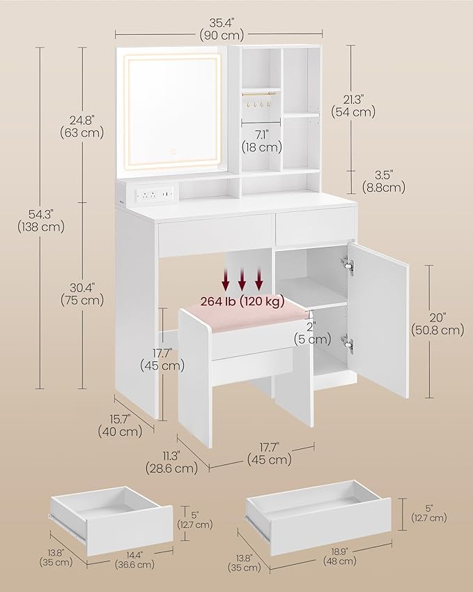 VASAGLE Vanity Desk with Mirror and Lights, Power Outlets, Vanity Table Set - Image 6