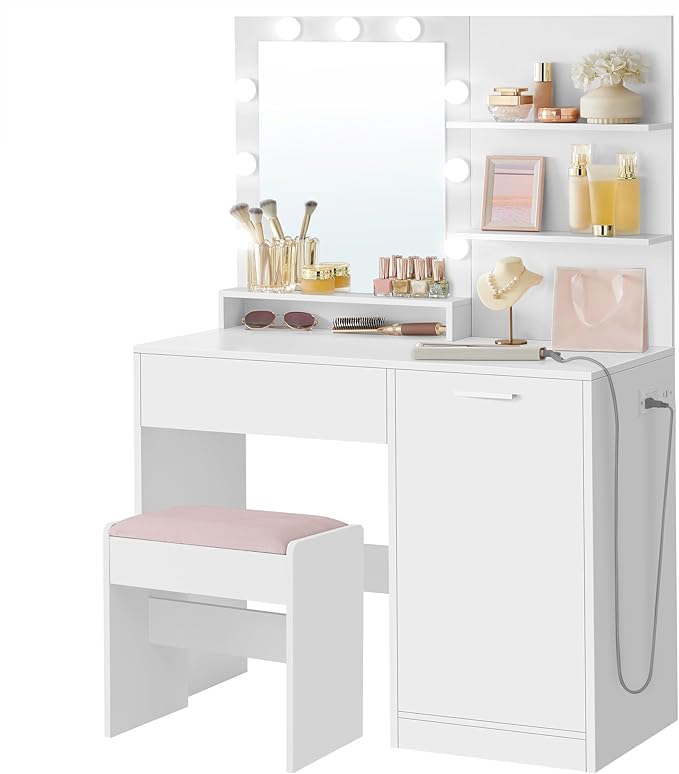 VASAGLE Vanity Desk with Mirror and Lights, 35.4-Inch Wide Makeup Vanity with by VASAGLEbySONGMICSHOME