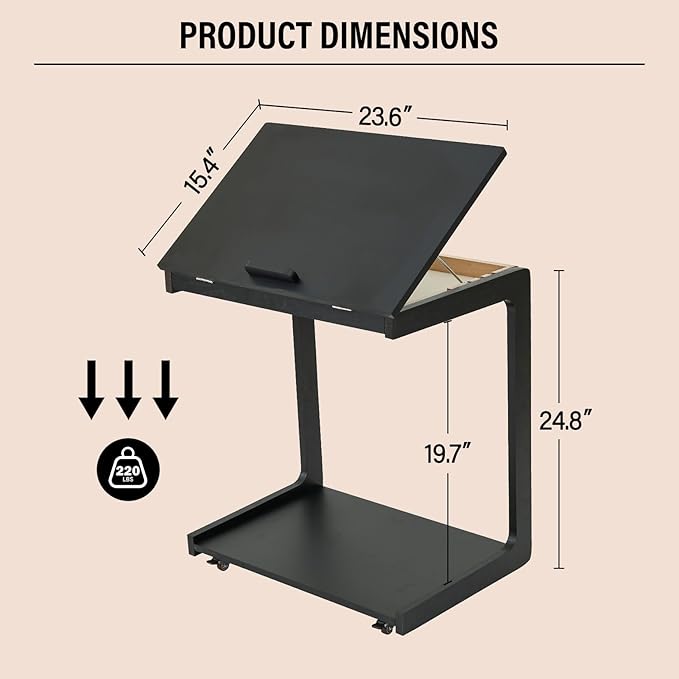 CozyDH Adjustable C Shaped End Table, Rolling Side Table Solid Wood TV Sofa - Image 2