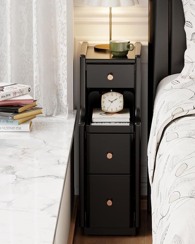 Narrow Nightstand with 3 Drawers, Solid Wood Narrow Bedside Tables, Small by AQIMUELE-Solidwoodfurniture