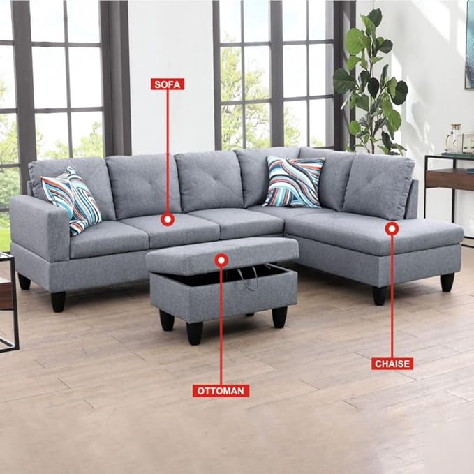 Grey L-Shaped 3-Piece Linen Sofa - Image 3