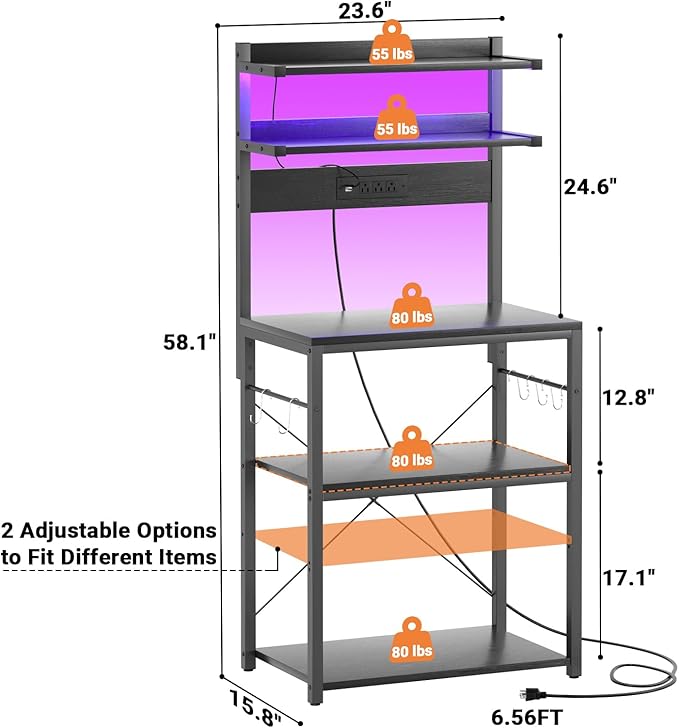 Aheaplus Bakers Rack with Power Outlet, Microwave Stand, 5 Tiers Coffee Bar - Image 8