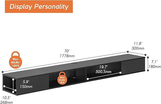 WAMPAT 70 inch Black Floating TV Stand, Entertainement Center Wall Mount - Image 9