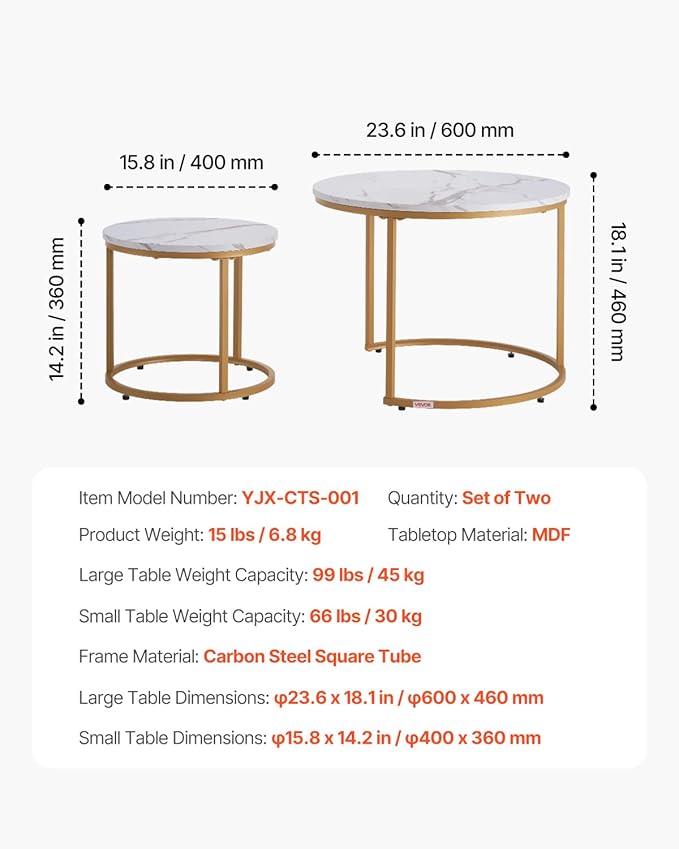 VEVOR Nesting Tables, Coffee Table Set of 2, 23.6 inch Round Coffee Table - Image 3