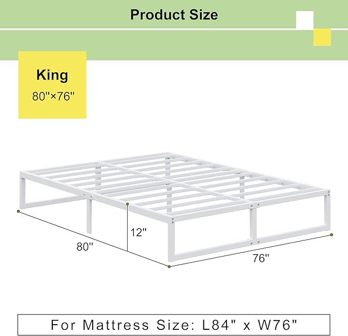 EMODA 12 Inch King Bed Frame, Metal Platform White Bed Frame King No Box Spring - Image 2