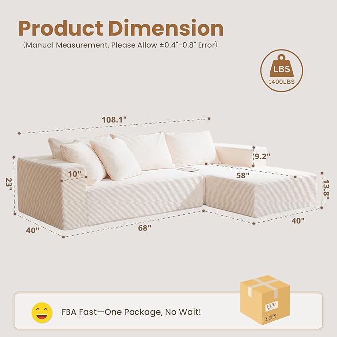 Modular Sectional Sofa, Corduroy Cloud Couch - Image 2