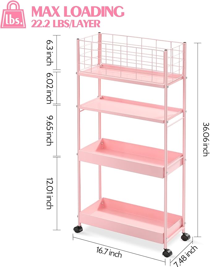 KINGRACK Slim Storage Cart, 4-Tier Metal Utility Rolling Cart - Image 2