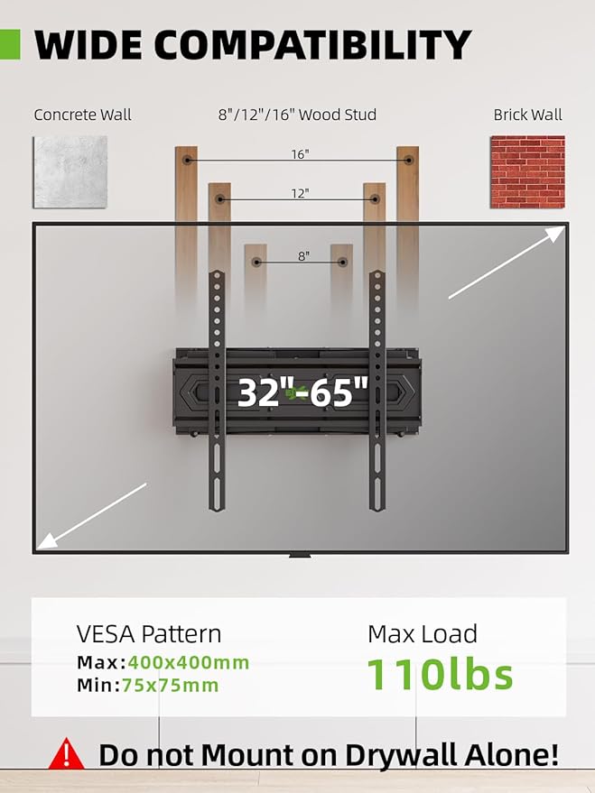USX MOUNT TV Wall Mount for 32-65 inch Flat Screen/LED/4K up to 110lbs - Image 2