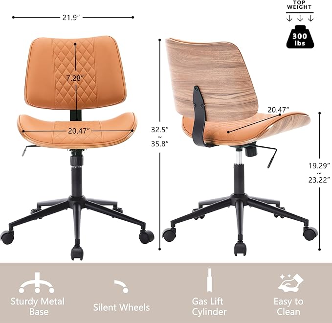 Home Office Chair No Arms with Wheels, Adjustable Height PU Leather Mid Back - Image 2