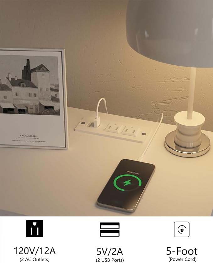 White Nightstand with Charging Station and LED Lights, Modern Bedside Table - Image 5